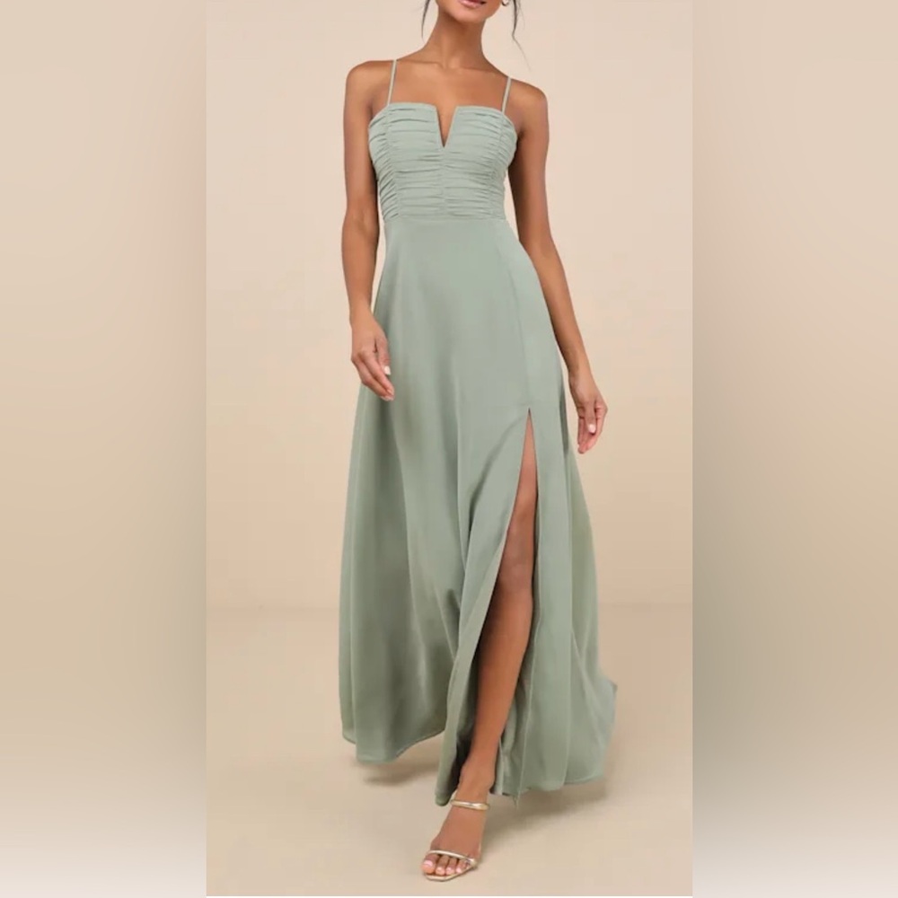 Lulus NWT “Sweeney” Sleeveless Spaghetti Strap Maxi Dress In Sage Brush Sz Small
